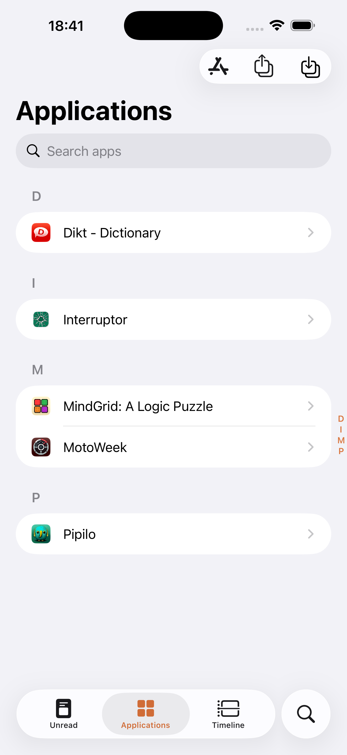 Application list screenshot