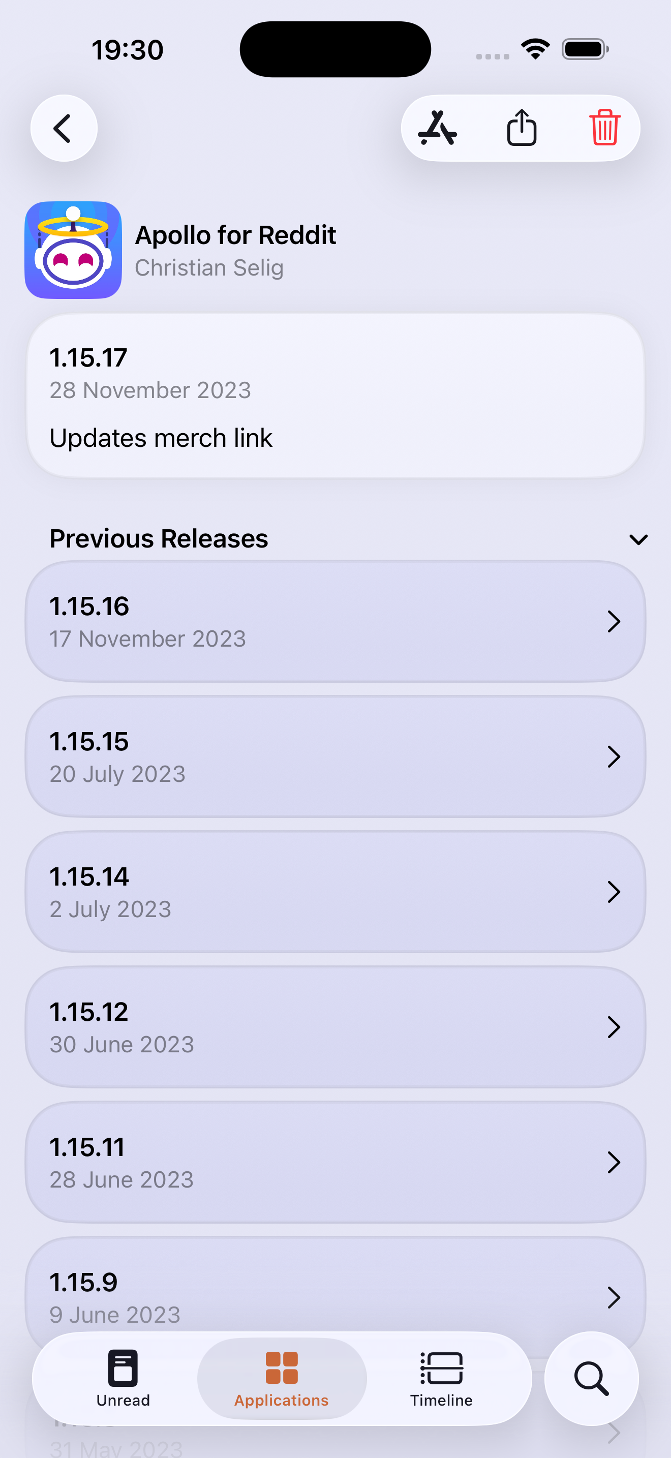 Screenshot of changelogs page for Apollo