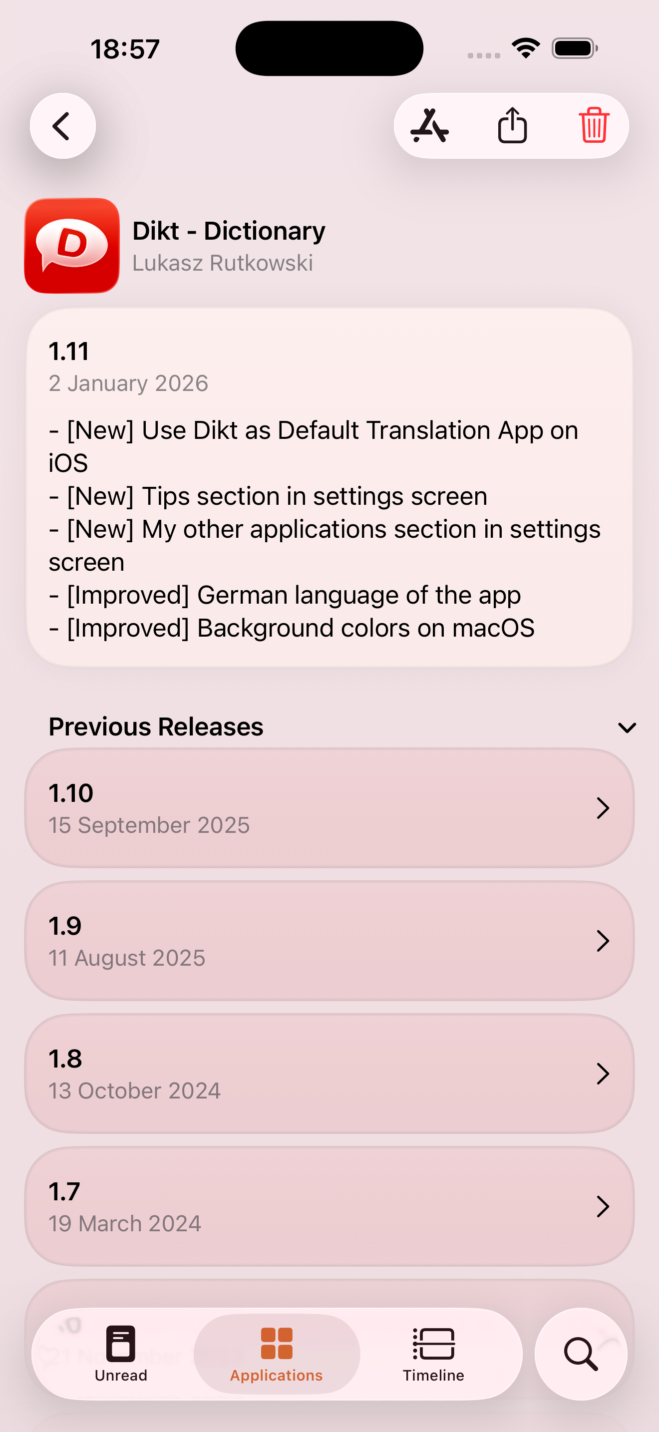 Screenshot of changelogs page for Dikt