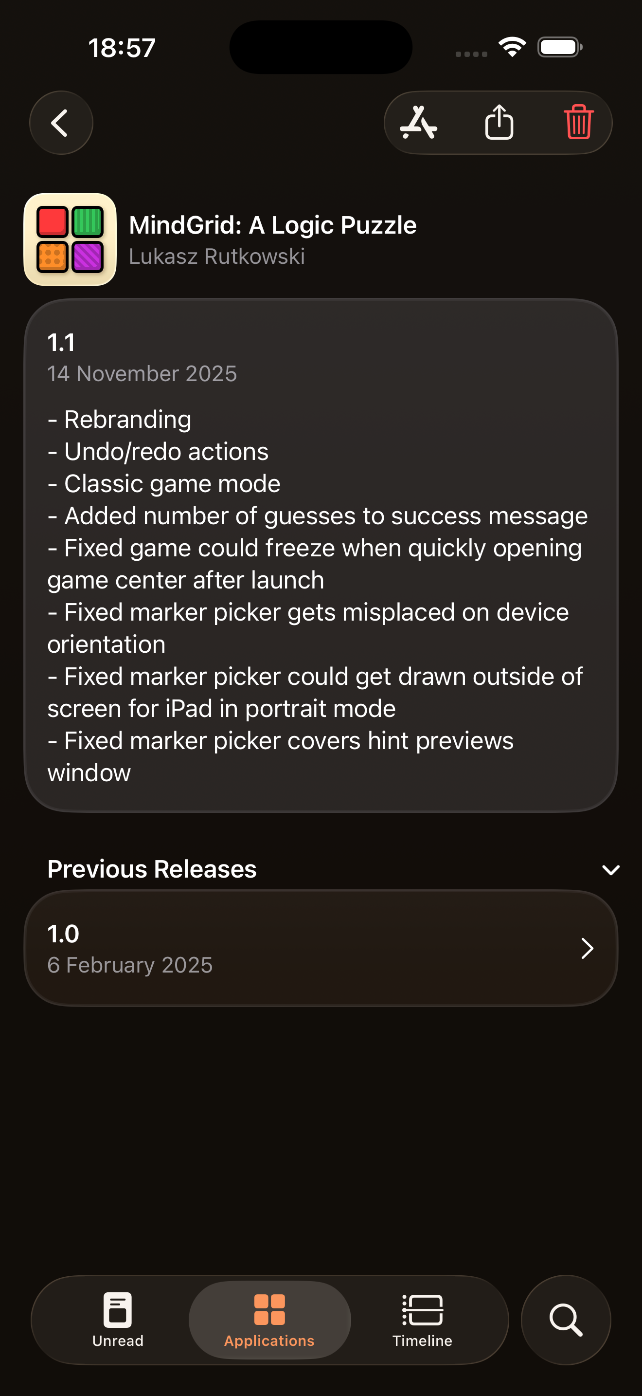 Screenshot of changelogs page for MindGrid