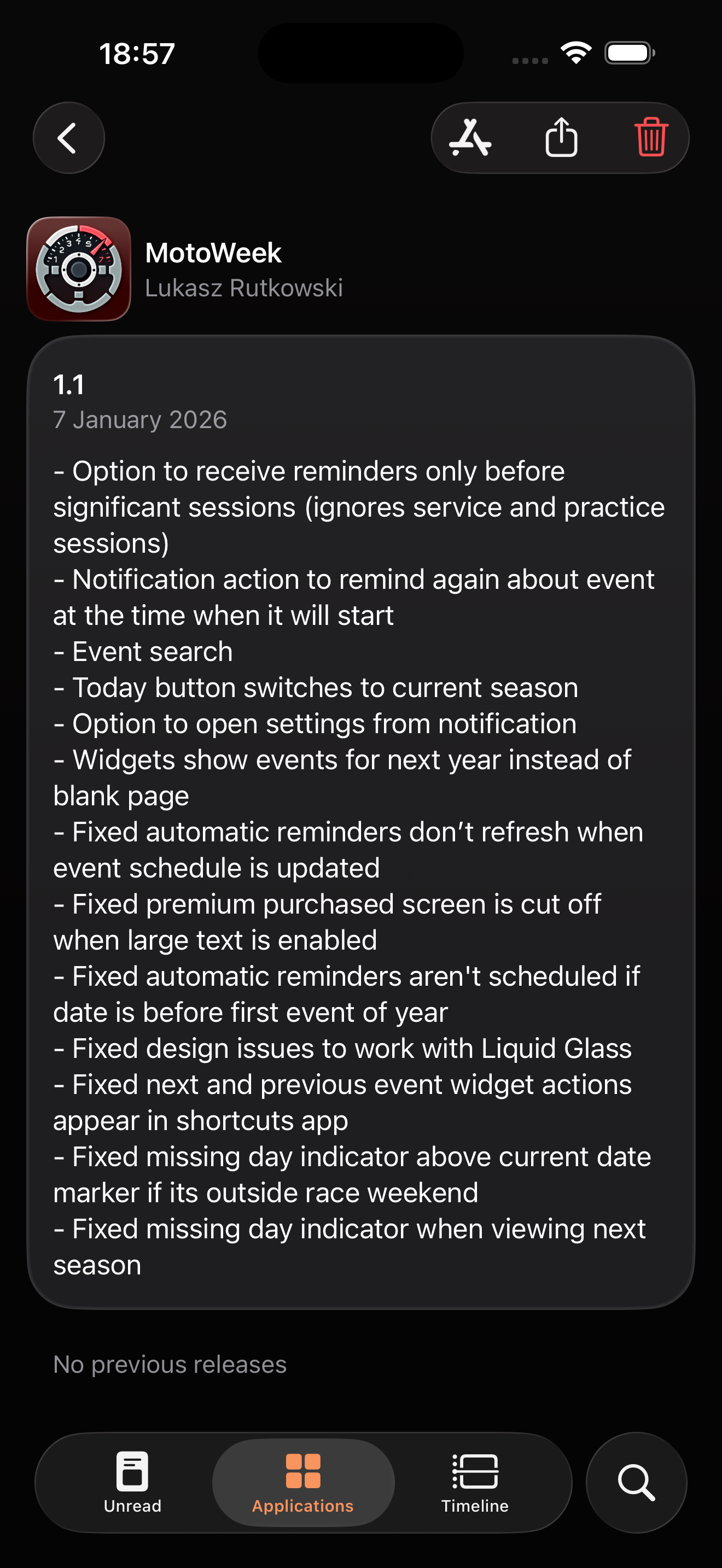Screenshot of changelogs page for MotoWeek