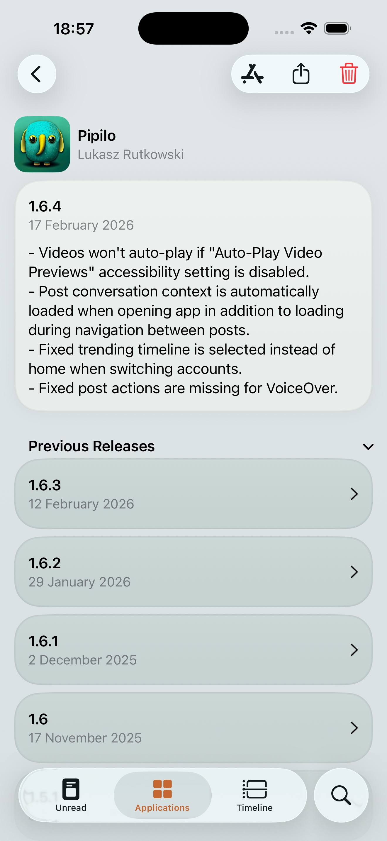 Screenshot of changelogs page for Pipilo