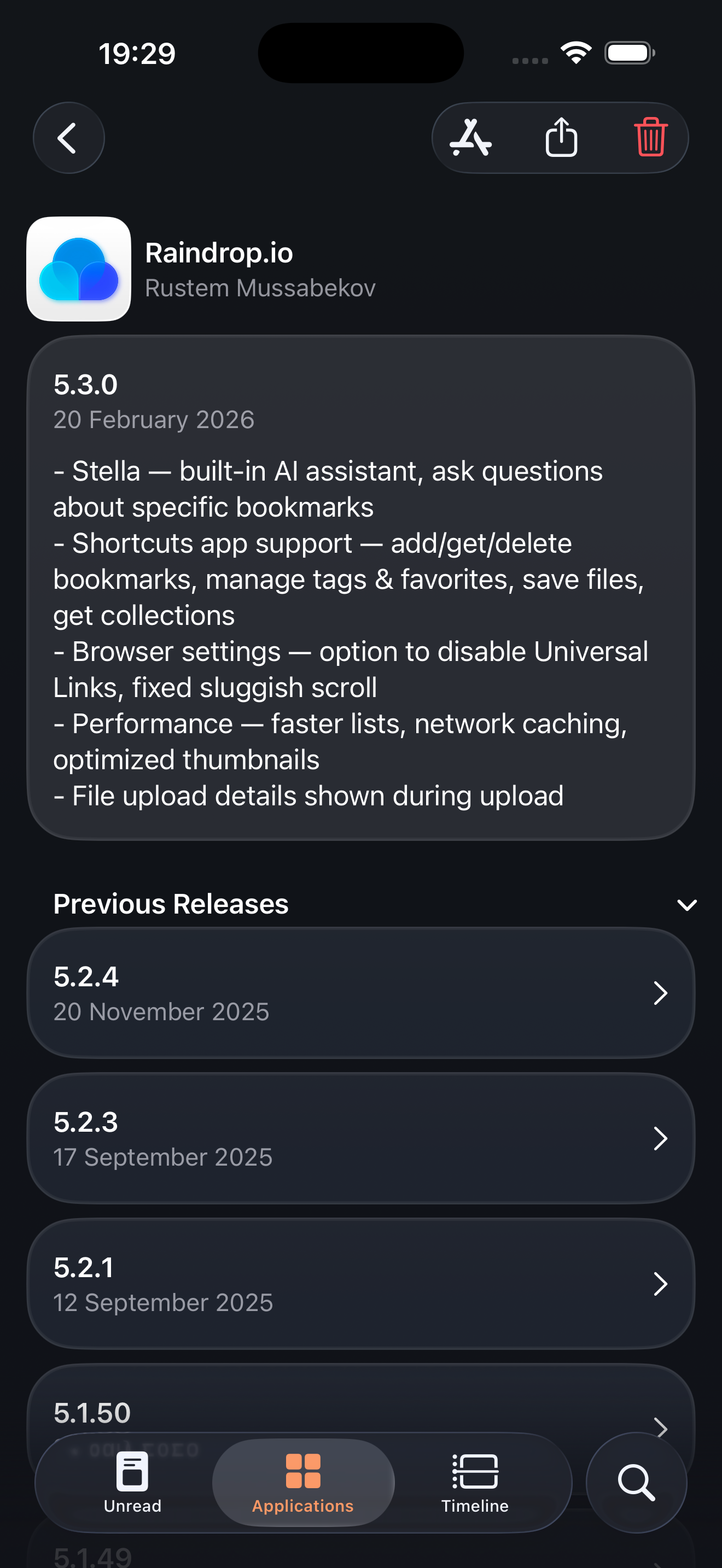 Screenshot of changelogs page for Raindrop